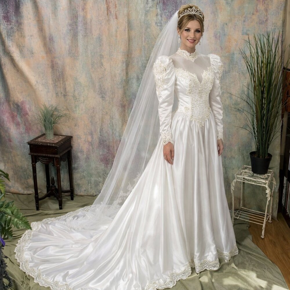 VTG📌Eve of Milady 80s Elaborately Embroidered Substantial Train Wedding Gown